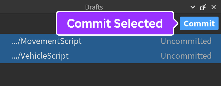 The Drafts window with the Commit button highlighted.