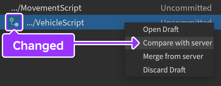 The Drafts window with the green plus icon highlighted to the left of a changed script, and the right-click popup window showing with the Compare With Server option highlighted.