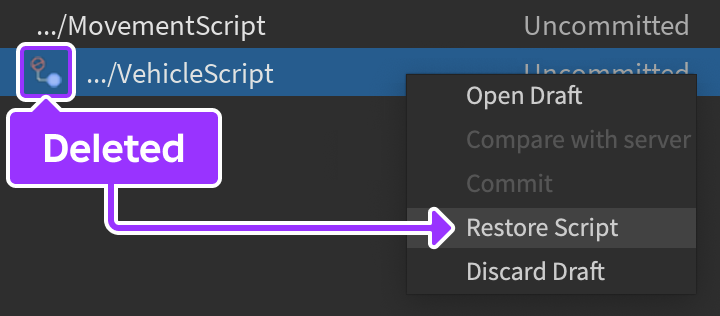 The Drafts window with the red cross icon highlighted to the left of a deleted script, and the right-click popup window showing with the Restore Script option highlighted.