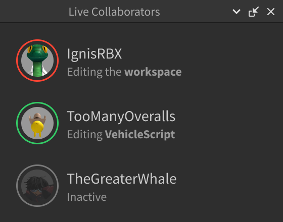 Live Collaborators window with icons of current collaborators, as well as their activity status.