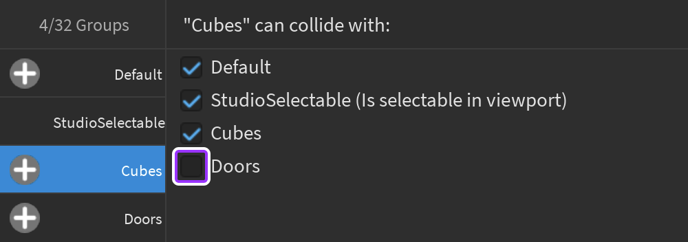 Group configured in List View of Collision Groups Editor