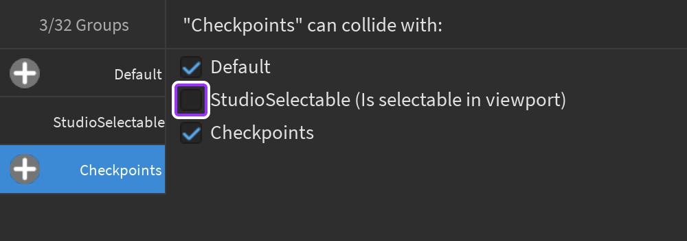 Checkpoints group configured to be non-collidable with StudioSelectable group