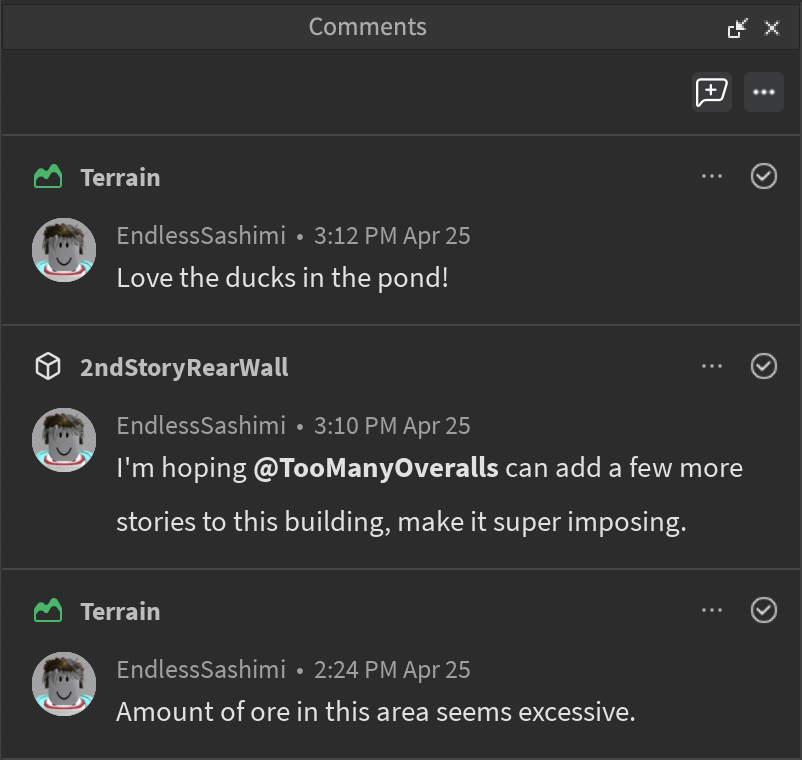 List of comments in the window.