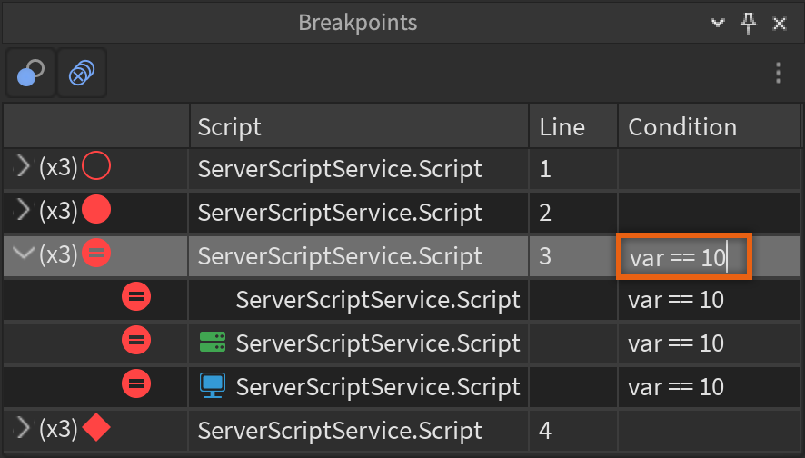 Edit the Condition of a Breakpoint in the Breakpoints Window