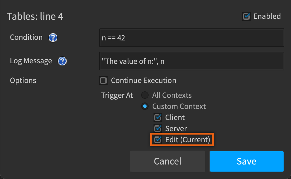 Edit Breakpoint Window shows Custom Context