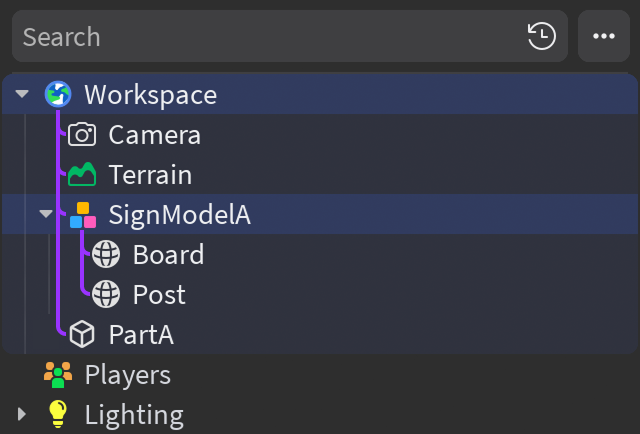 Explorer hierarchy showing Camera, Terrain, and SignModel as children of Workspace; Board and Post as children of SignModel