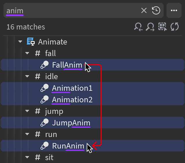 Image showing how only matching objects in range are selected within a searched hierarchy