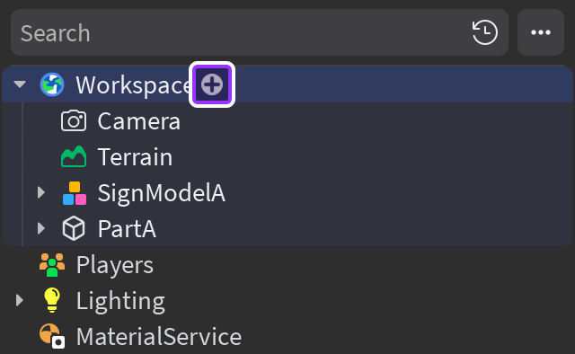 Cursor sobre el objeto de Workspace para revelar el botón de inserción