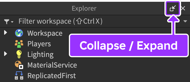 A close up view of the Explorer window with the Collapse button highlighted.