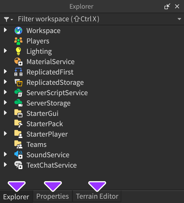 An example of an Explorer window if you choose the center icon of the position selection. It includes three tabs at the bottom of the window: the Explorer window, the Properties window, and the Terrain Editor window.