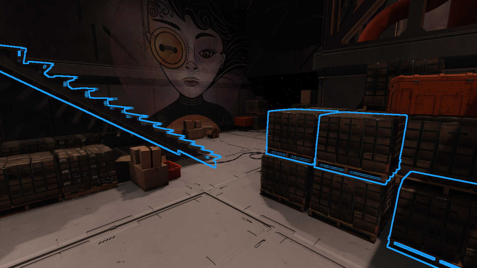 A warehouse environment with the stairs and multiple pallet box objects with a blue highlight to signify that they are selected in the 3D viewport.