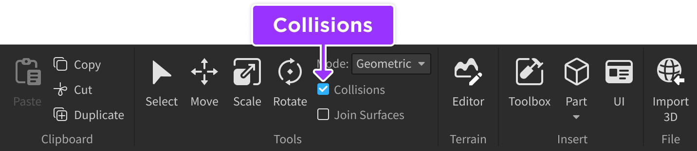 Collisions checkbox indicated in Home tab