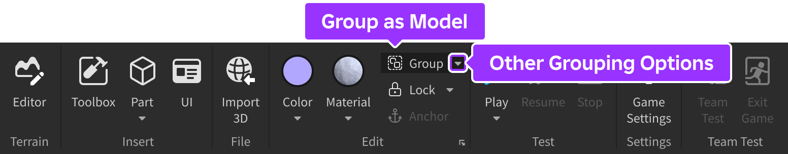 Group tools indicated in Home tab