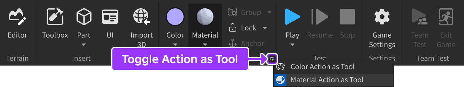 Studio's Home tab with the Material Action as Tool selector indicated.