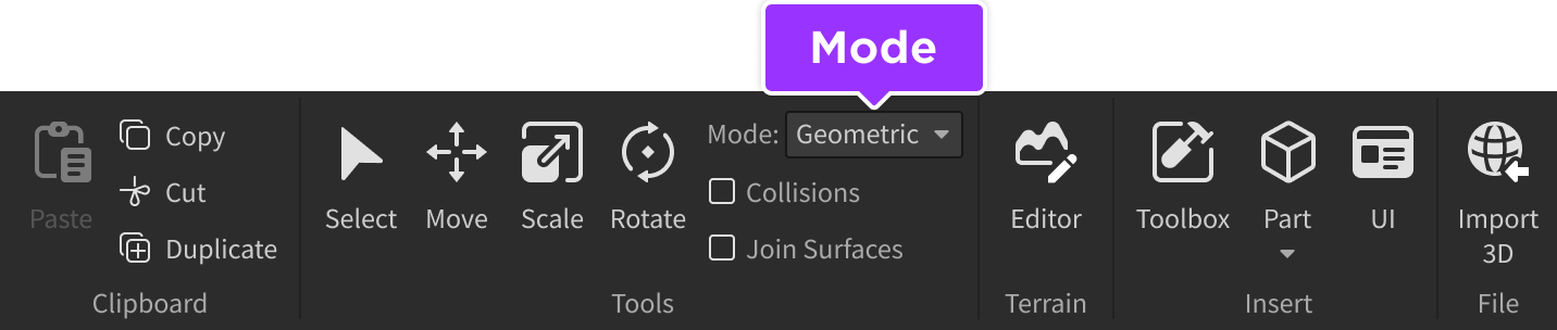 Mode selector indicated in Home tab