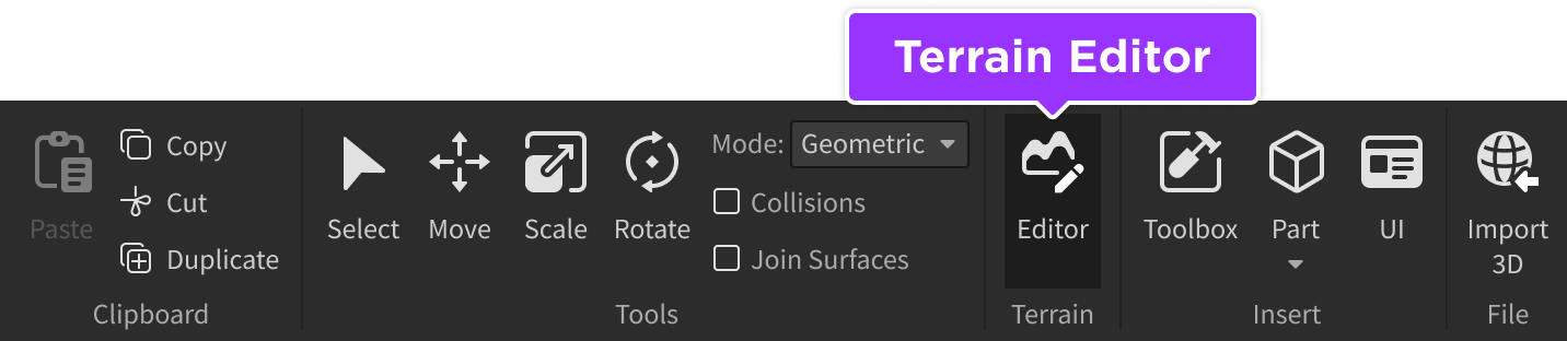 Studio's Home tab with the Terrain Editor tool highlighted.