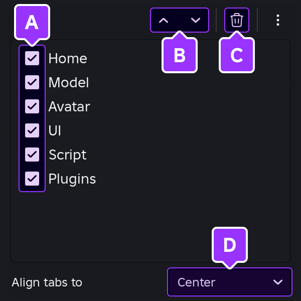 Das Popup 'Tabs verwalten' im Studio.