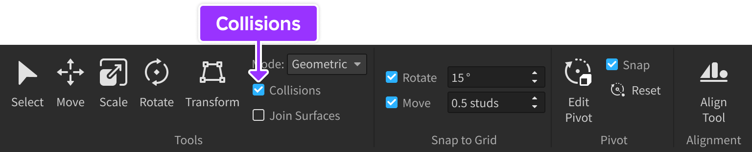 Collisions checkbox indicated in Model tab