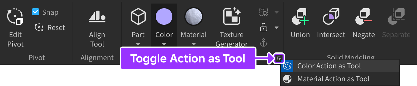 Studio's Model tab with the Color Action as Tool selector indicated.