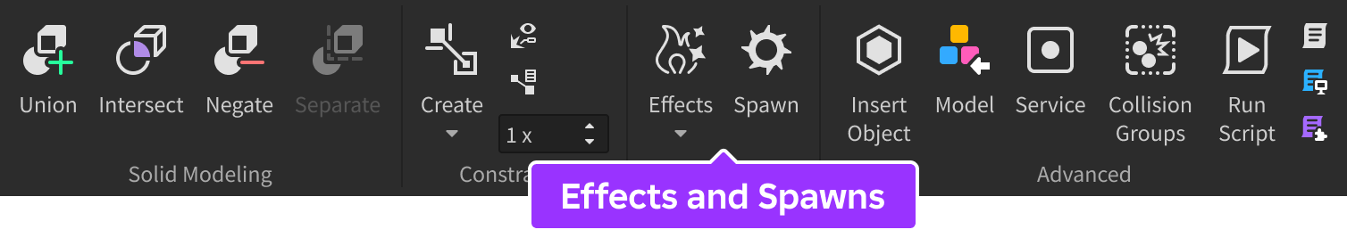 Effects and Spawn tools indicated in Model tab