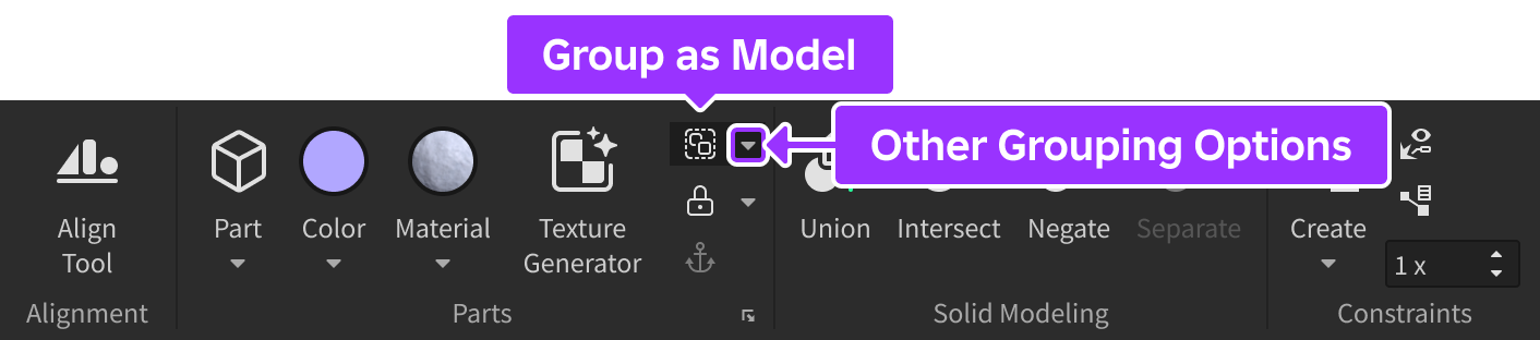 Outils de groupe dans l'onglet Modèle