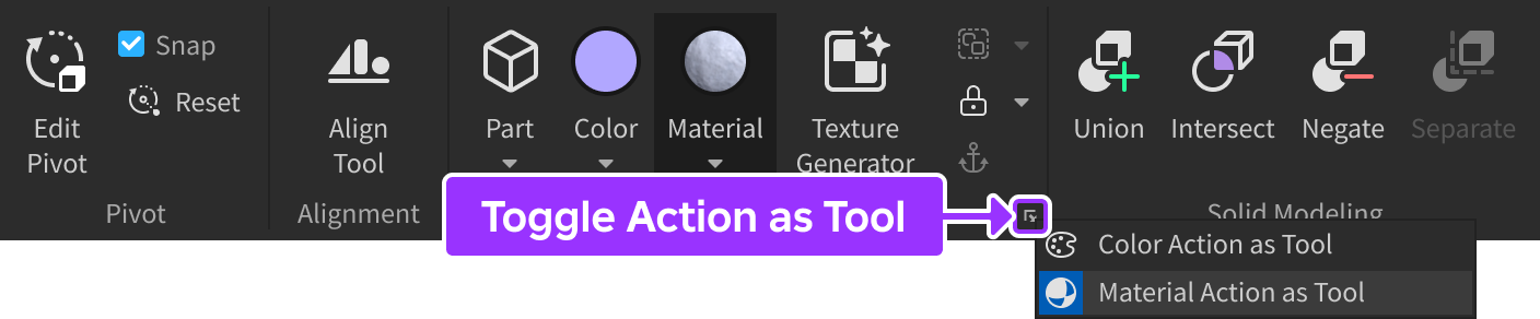 Studio's Model tab with the Material Action as Tool selector indicated.