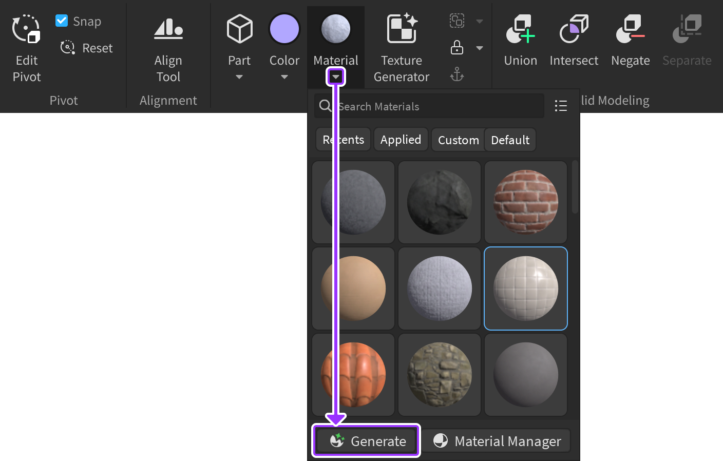 Studio's Model tab with the Material Generator button highlighted.