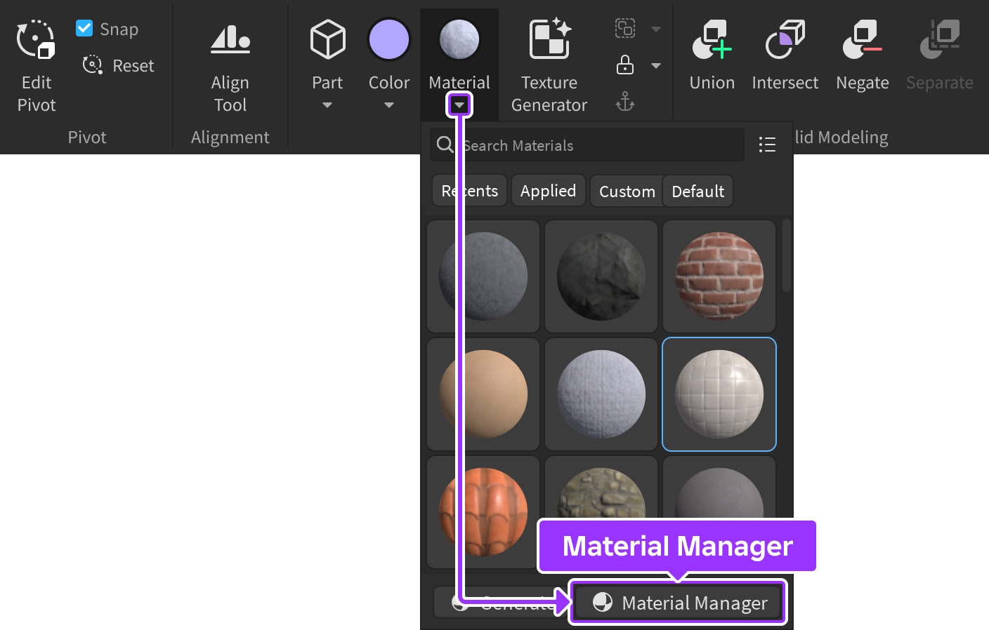 Studio's Model tab with the Material Manager highlighted.