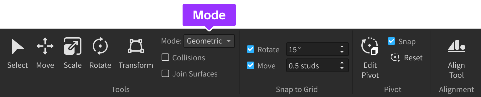 Mode selector indicated in Model tab