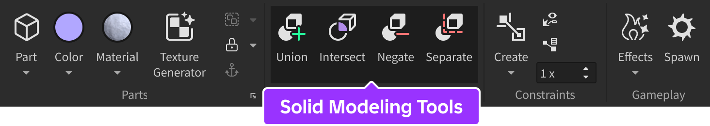 Studio's Model tab with the solid modeling tools highlighted.