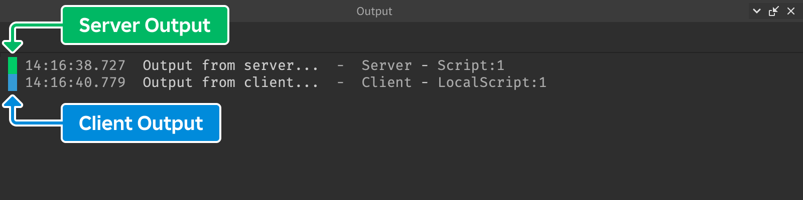 Output window showing green label for server output and blue label for client output