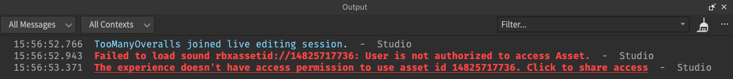 An example of an error that displays in the Output Window when a creator or experience doesn't have permission to use a private asset.