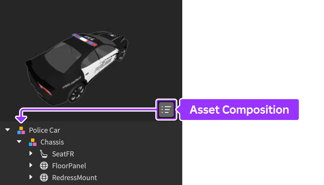 A preview view of an asset in the Asset Manager, and the full hierarchy of the asset displays underneath the 3D representation. The Asset Composition icon is highlighted.