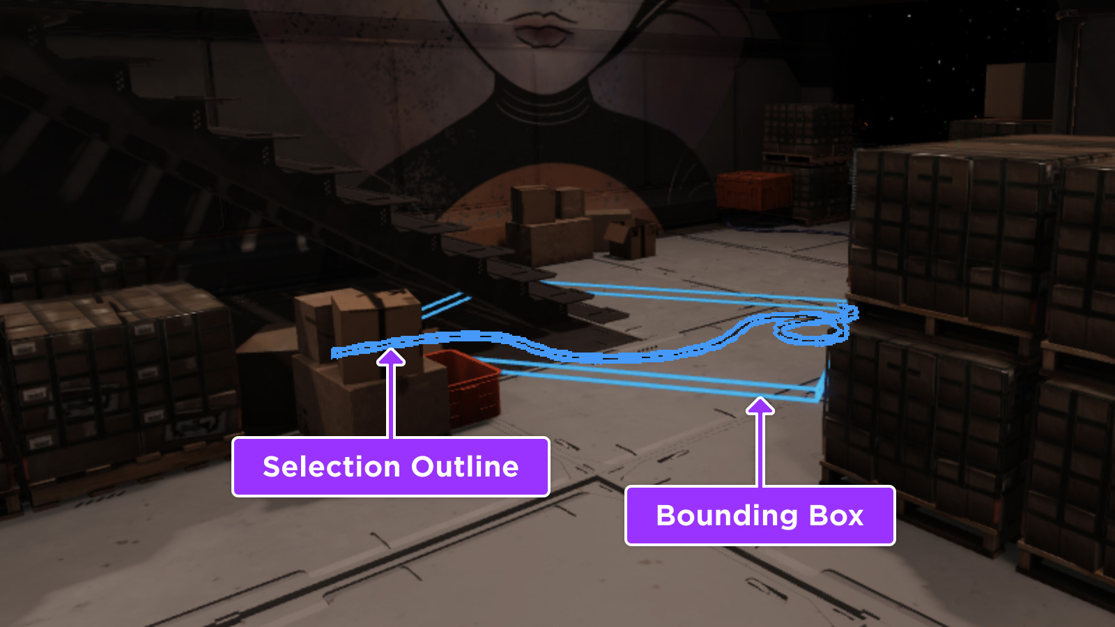 A warehouse environment with rope object's selection outline and bounding box highlighted.