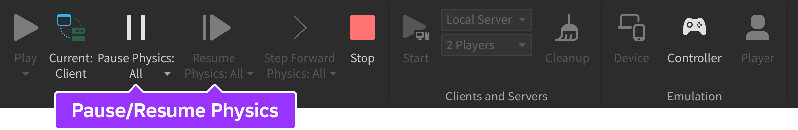 Pause Physics and Resume Physics buttons available during playtesting in Studio.