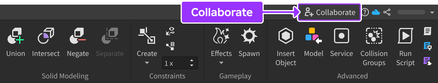 Studio's menu bar with the Collaborate button highlighted.