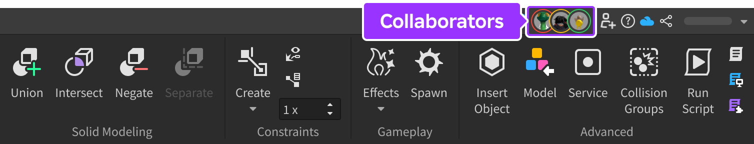 Studio's menu bar with icons of the current collaborators highlighted.