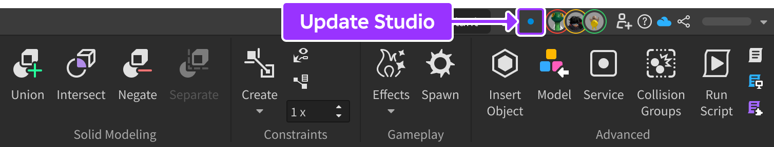 Studio's Model tab with the Update Studio button highlighted.