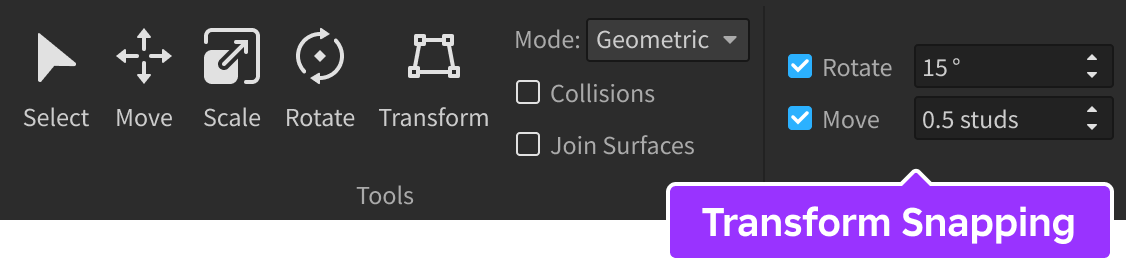 Transform snapping tools indicated in Studio's toolbar.