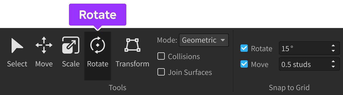 Studio toolbar with the Rotate tool highlighted.