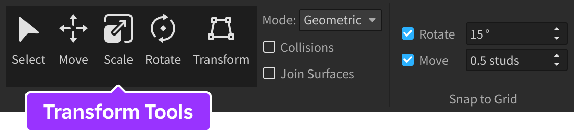 Transform tools indicated in Studio's toolbar.