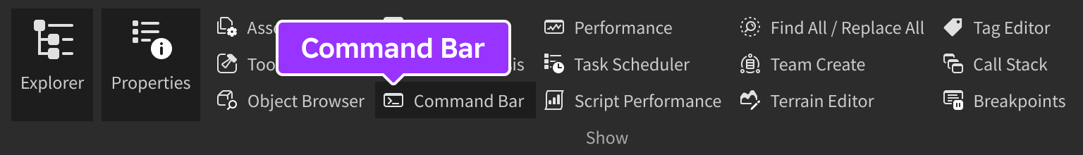 Studio's View tab with the Command Bar button highlighted.