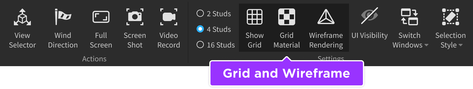 Grid and wireframe tools indicated in View tab of Studio