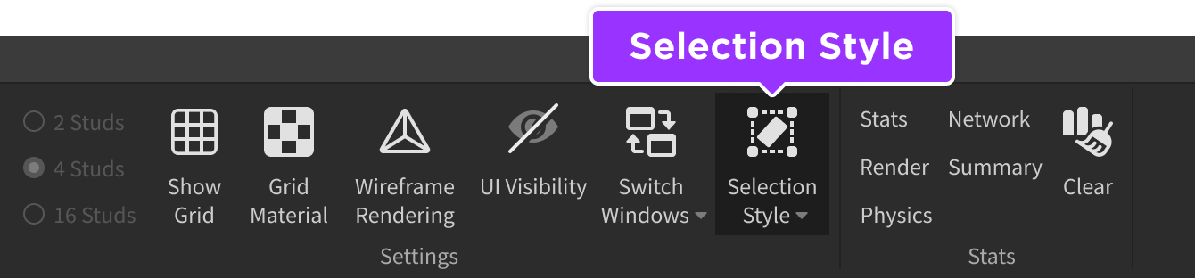 Selection Style menu indicated in View tab of Studio