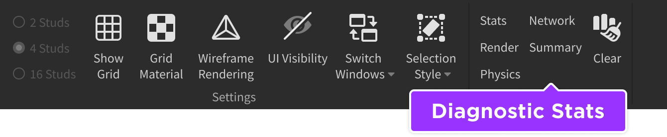 Diagnostic stats tools indicated in View tab of Studio