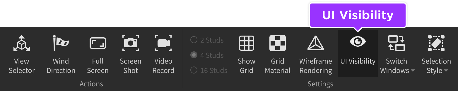 UI Visibility toggle indicated in View tab of Studio