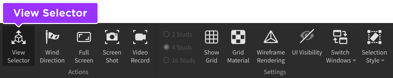 View Selector tool selected in View tab of Studio
