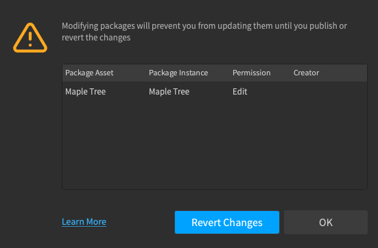 The pop-up notice that you cannot update a modified package until you publish or revert your changes.