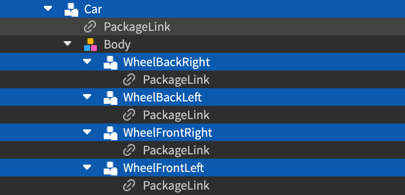 A close up view of a packaged car model in the Explorer window. The package's hierarchy is expanded to show that it includes children that are also packages.