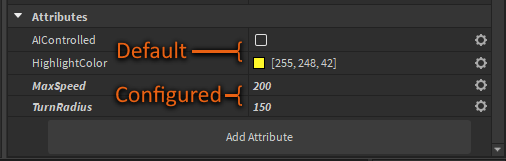 The Attributes section of the Properties window. Two properties are highlighted as having their default values while two other italicized properties are highlighted to show they have been configured.